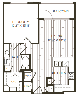 Floor plan for 1 bed, 1 bath, 734 sqft